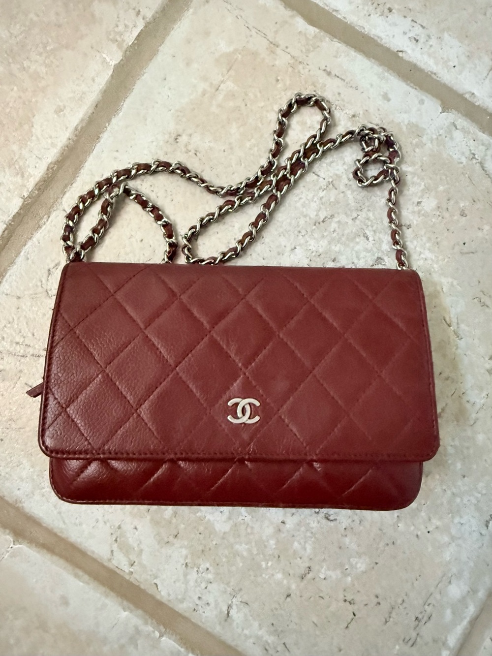 Authentic CHANEL Quilted Caviar Crossbody Bag in Burgundy